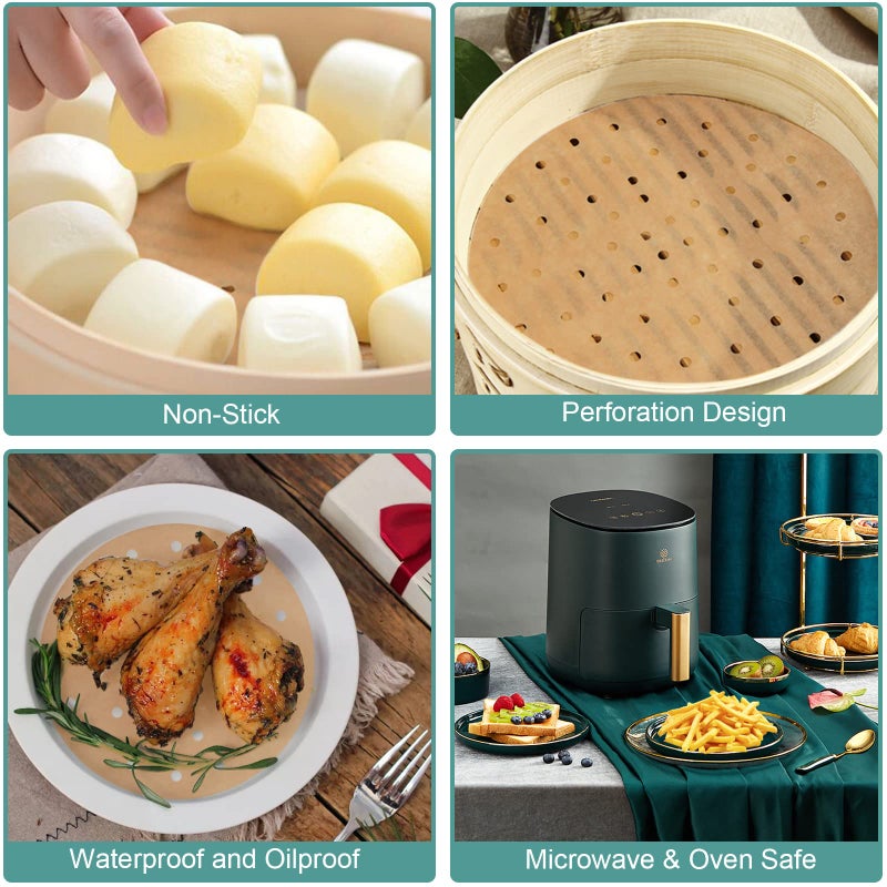 Numola Air Fryer Parchment Paper Liners, 100 Pcs Air Fryer Disposable Papers Liner for Baking, 10 Inch Safe and Non-stick Unbleache Steamer Liner for Microwave, Oven, Steaming Basket - Image 4