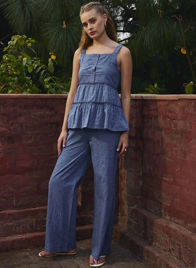 ساسافراس Schiffli Embroidered Blue Top And Palazzo Set For Women