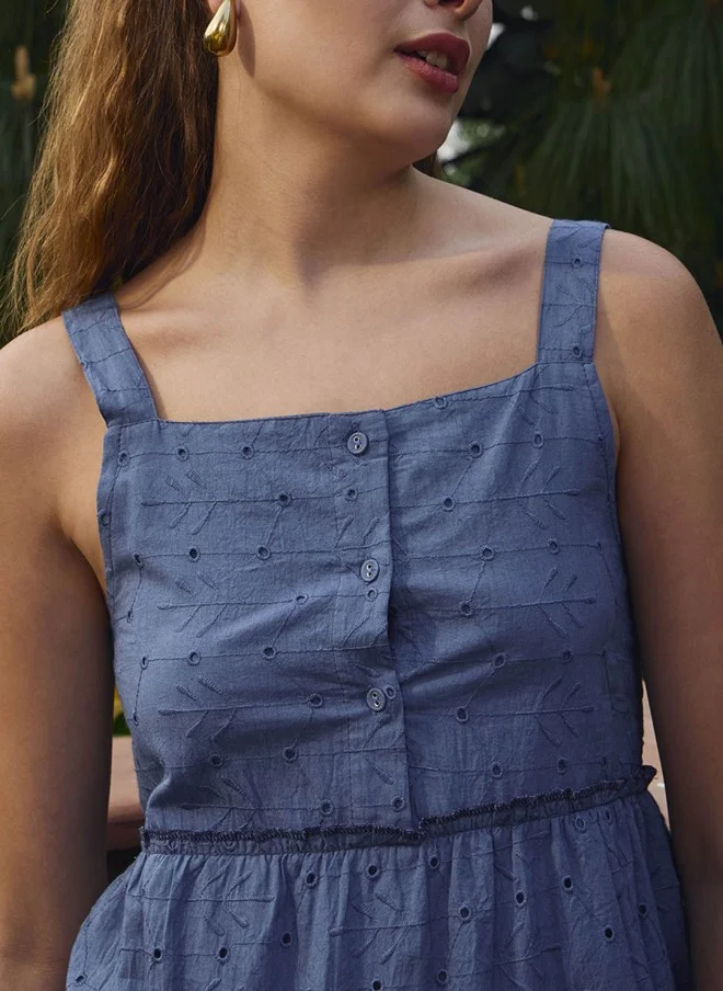 SASSAFRAS Schiffli Embroidered Blue Top And Palazzo Set For Women