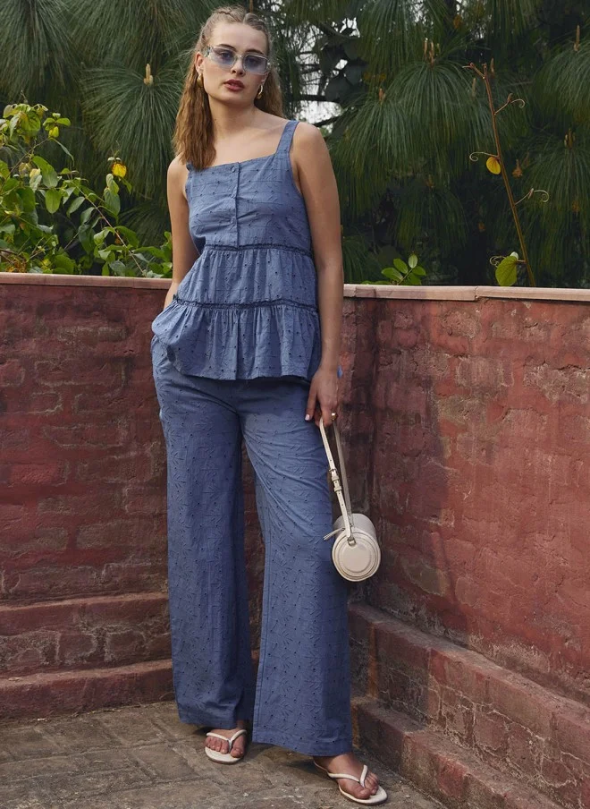 ساسافراس Schiffli Embroidered Blue Top And Palazzo Set For Women