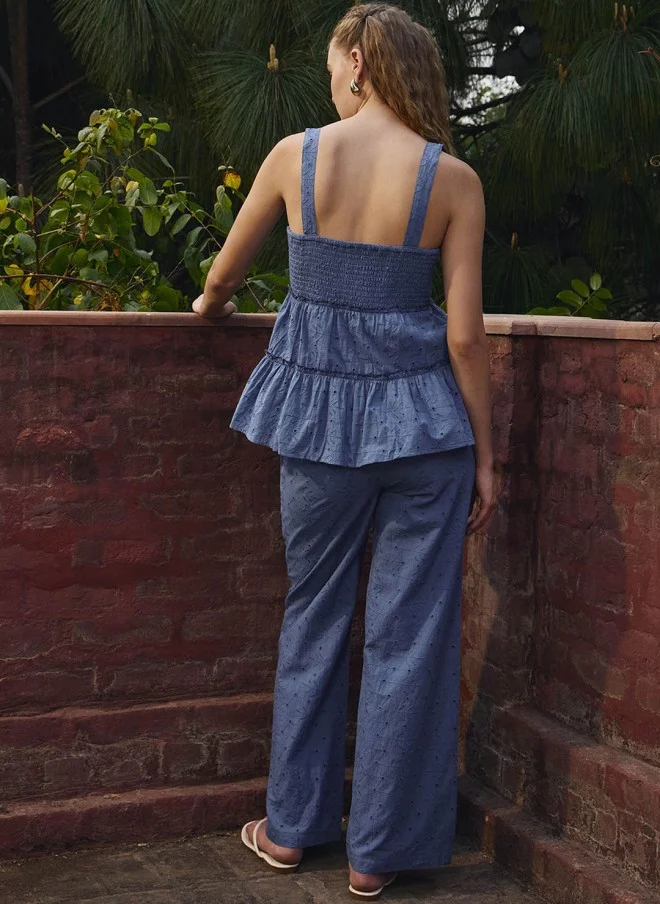 ساسافراس Schiffli Embroidered Blue Top And Palazzo Set For Women