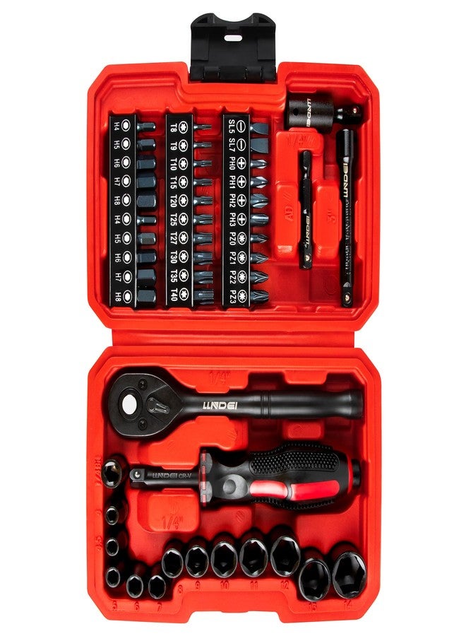 LLNDEI 48 Piece 1/4 Inch Mini Socket Ratchet Wrench Set, Metric Shallow Socket (4-14mm) 6-Point,with 72 Teeth Mini Ratcheting Wrench, Screwdriver Bit Set, Universal Joints and 3 Inch Extensions - Image 1