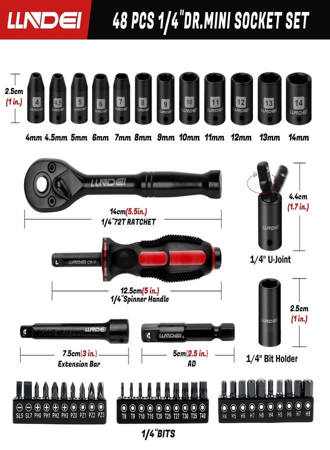 LLNDEI 48 Piece 1/4 Inch Mini Socket Ratchet Wrench Set, Metric Shallow Socket (4-14mm) 6-Point,with 72 Teeth Mini Ratcheting Wrench, Screwdriver Bit Set, Universal Joints and 3 Inch Extensions - Image 2