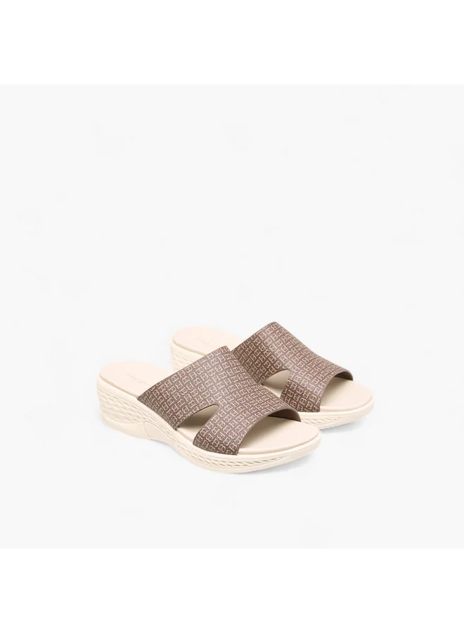 Flora Bella By Shoexpress Women Monogram Print Slip-On Sandals with Wedge Heels