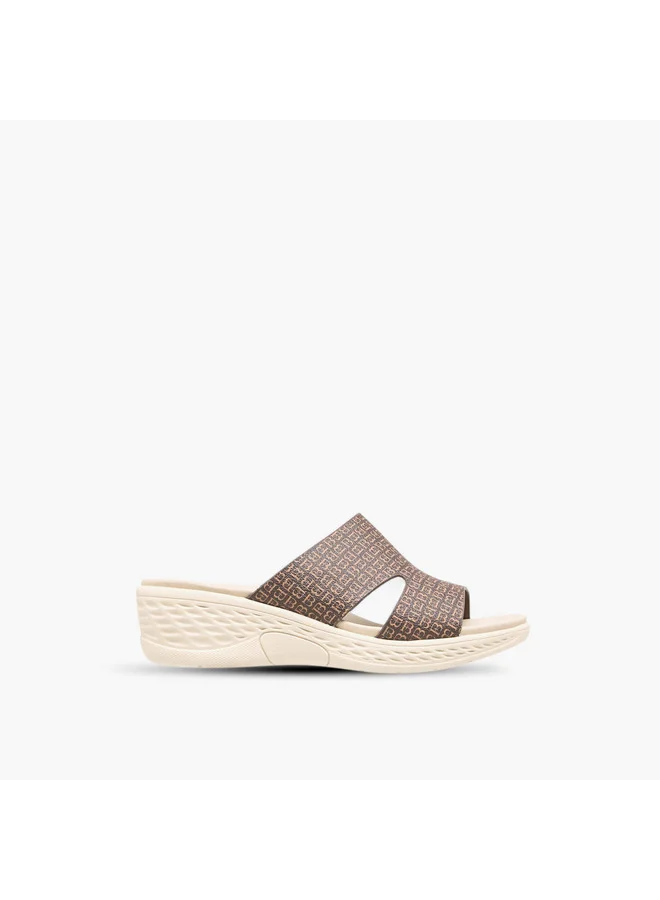 Flora Bella By Shoexpress Women Monogram Print Slip-On Sandals with Wedge Heels