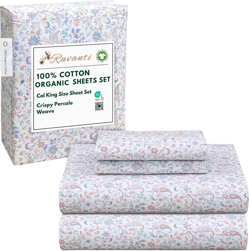 RUVANTI 100% Cotton Organic Percale Sheets Cal King Size – Crisp Cooling Bed Sheets for Hot Sleepers, Deep Pocket 13”, Soft Peach Finish, Breathable & Durable Hotel-Style 4 Pcs, Multi Paisley - Image 1