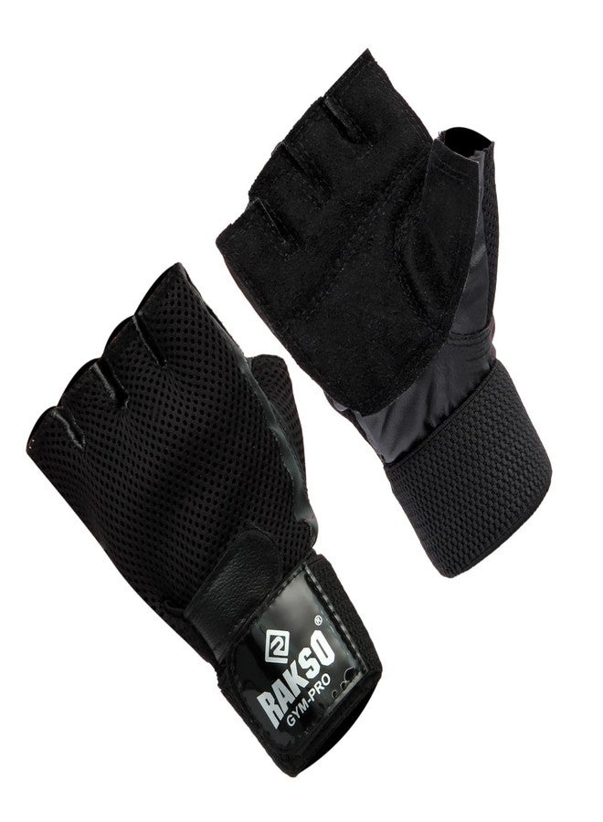 RAKSO Wrist Gym Leather Gloves with Wrist Wraps Support for Workout, Cross Fit, Exercise_and_Fitness & Cross Training, Outside Activities, Best for Men & Women Black Color - Image 2