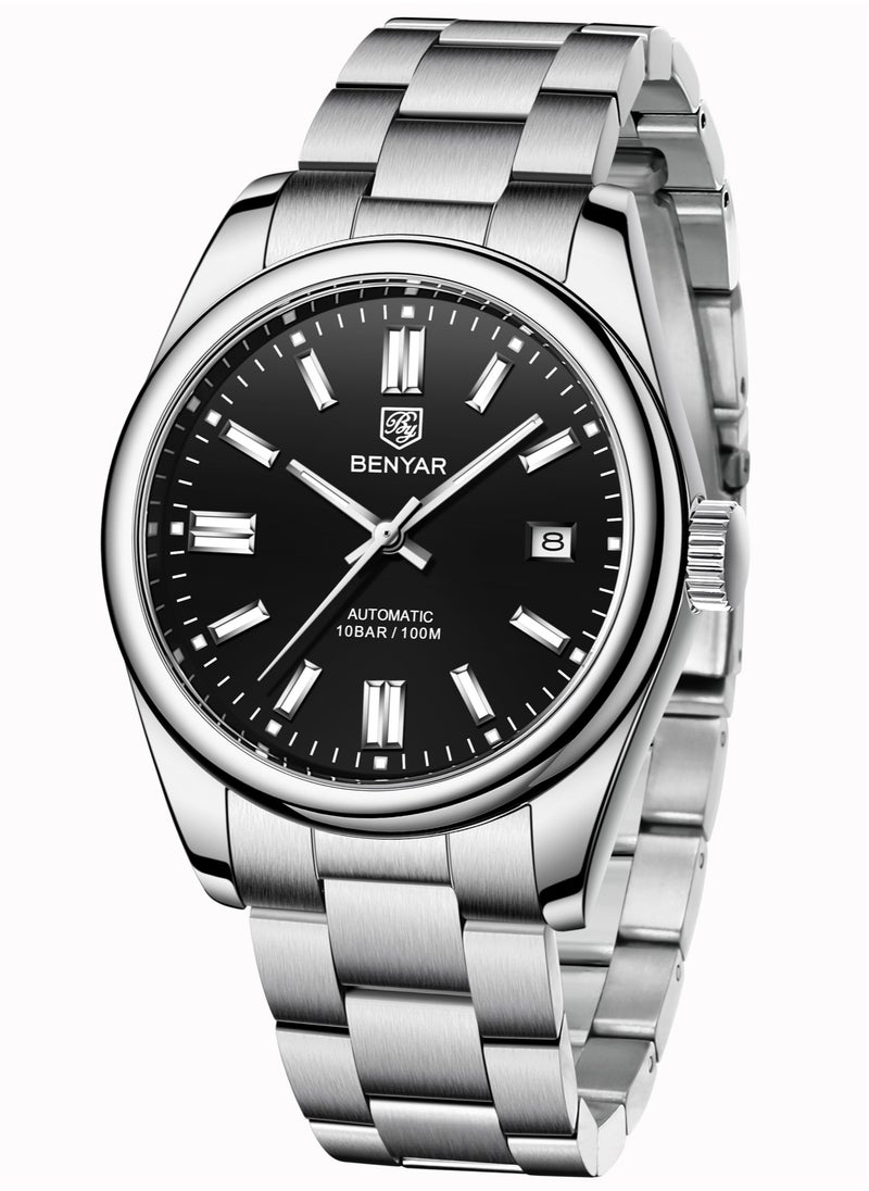 BENYAR Men's Fashion Automatic Mechanical Watches, 39MM Stainless Steel Waterproof Frame, Silver Black Dial, Luxurious Elegant, Silver Steel Band BY5185  - Image 1