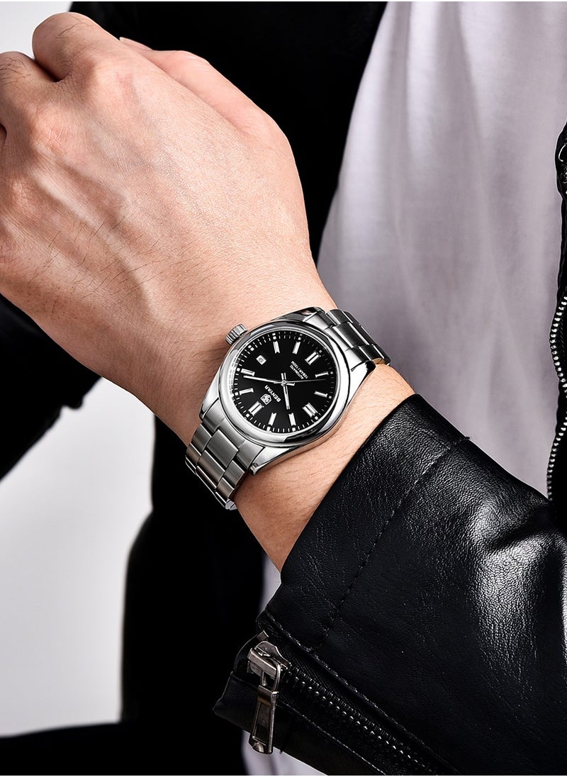 BENYAR Men's Fashion Automatic Mechanical Watches, 39MM Stainless Steel Waterproof Frame, Silver Black Dial, Luxurious Elegant, Silver Steel Band BY5185  - Image 2
