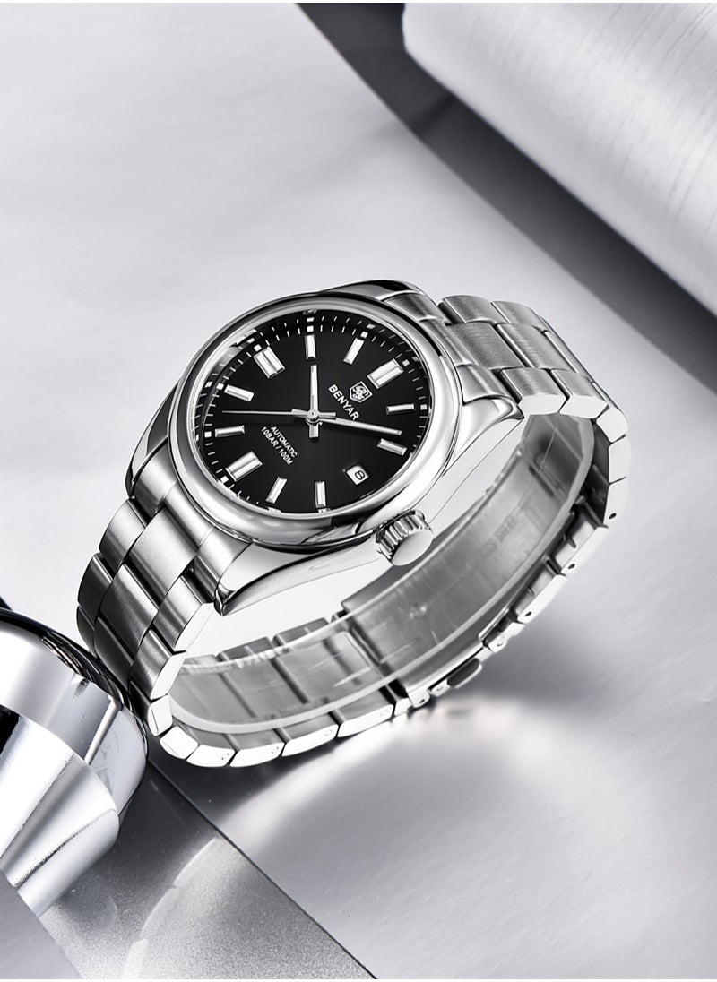 BENYAR Men's Fashion Automatic Mechanical Watches, 39MM Stainless Steel Waterproof Frame, Silver Black Dial, Luxurious Elegant, Silver Steel Band BY5185  - Image 3