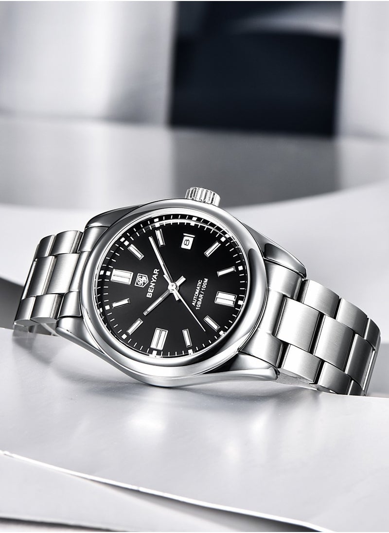 BENYAR Men's Fashion Automatic Mechanical Watches, 39MM Stainless Steel Waterproof Frame, Silver Black Dial, Luxurious Elegant, Silver Steel Band BY5185  - Image 4