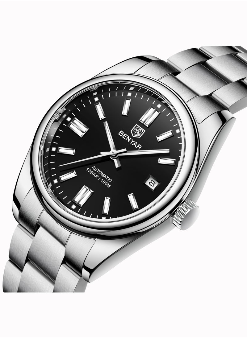 BENYAR Men's Fashion Automatic Mechanical Watches, 39MM Stainless Steel Waterproof Frame, Silver Black Dial, Luxurious Elegant, Silver Steel Band BY5185  - Image 5