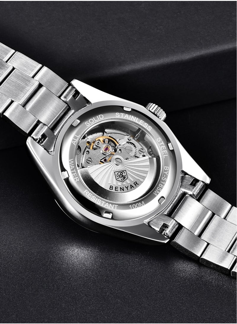 Men's Fashion Automatic Mechanical Watches, 39MM Stainless Steel Waterproof Frame, Silver Black Dial, Luxurious Elegant, Silver Steel Band BY5185 - pzsku/Z920627311586224EF6EAZ/45/_/1733293099/c2ab0b2a-a8a3-41f0-b3a9-72dee418a417