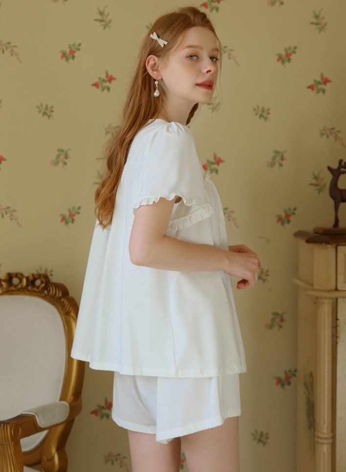 NIBEMINENT 2 Piece Pajama Set Women's Short Sleeve Shorts Girls Sweet and Cute French Princess Pajamas Sets Ladies Loungewear Soft Home Wearing Clothes Spring Summer  - Image 4