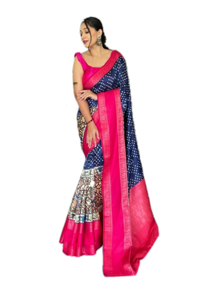 Grab Mantra Blue and Pink Satin Bandhani Plus Kalamkari combination saree with unstitched Blouse  - Image 1