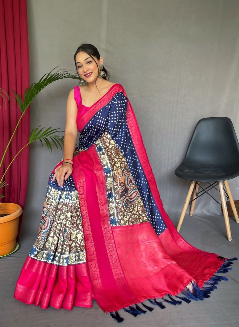 Grab Mantra Blue and Pink Satin Bandhani Plus Kalamkari combination saree with unstitched Blouse  - Image 2