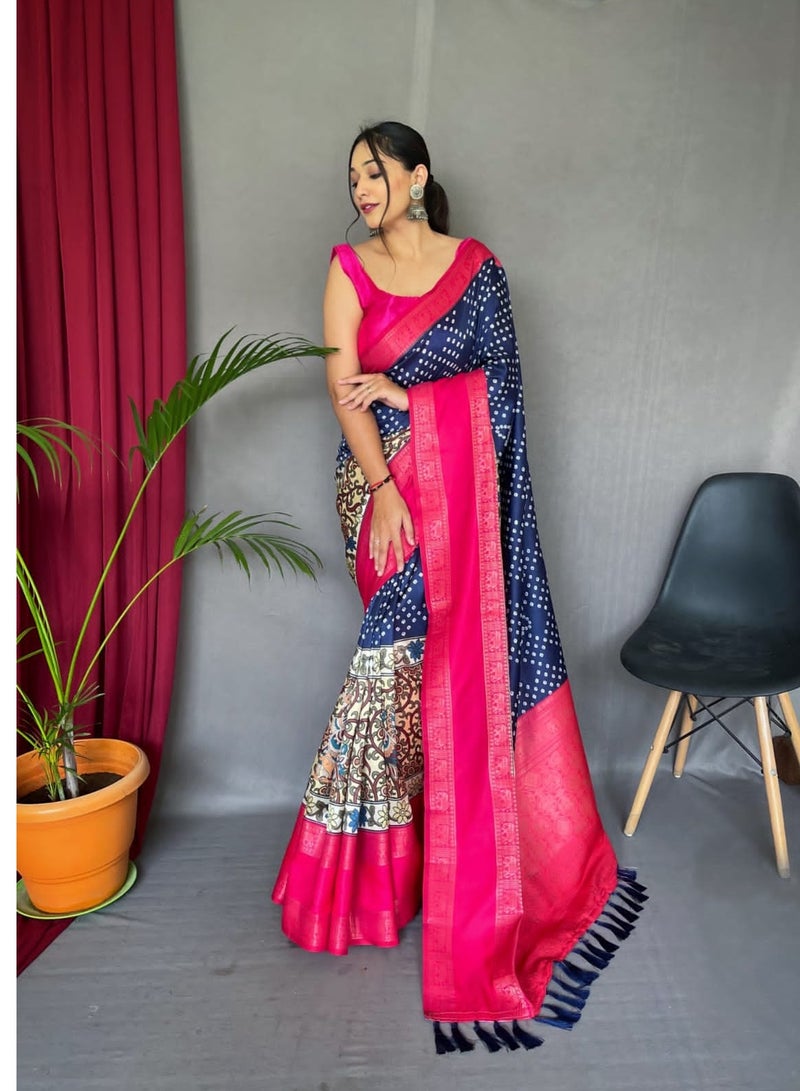 Grab Mantra Blue and Pink Satin Bandhani Plus Kalamkari combination saree with unstitched Blouse  - Image 3