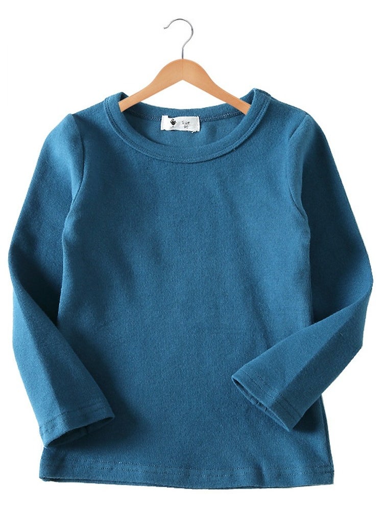 Generic Kid's Solid Color Long Sleeve Crew Neck Tees Cotton Basic Base Shirt Denim Blue 