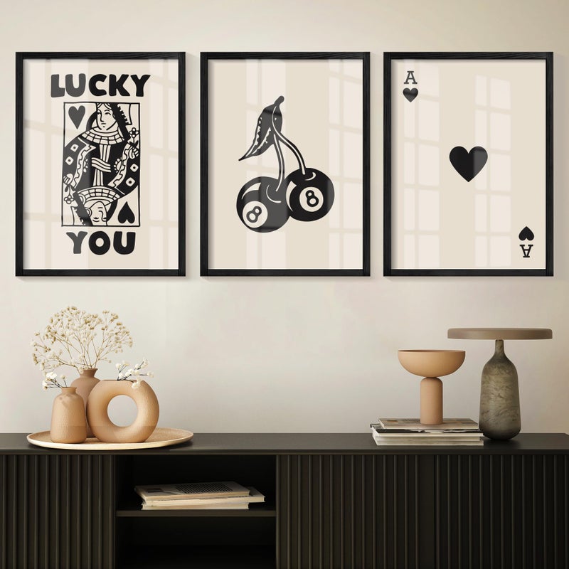 Heiple Framed Set of 3 Poker Wall Art Lucky You Poster, Trendy Retro Print Wall Decor for Queen of Hearts Wall Art Rustic Vintage Farmhouse Home Wall Decorï¼ˆBlack 12"x16"ï¼‰ - Image 1