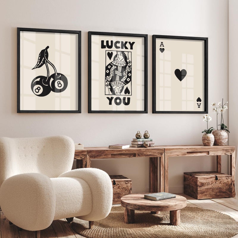 Heiple Framed Set of 3 Poker Wall Art Lucky You Poster, Trendy Retro Print Wall Decor for Queen of Hearts Wall Art Rustic Vintage Farmhouse Home Wall Decorï¼ˆBlack 12"x16"ï¼‰ - Image 3