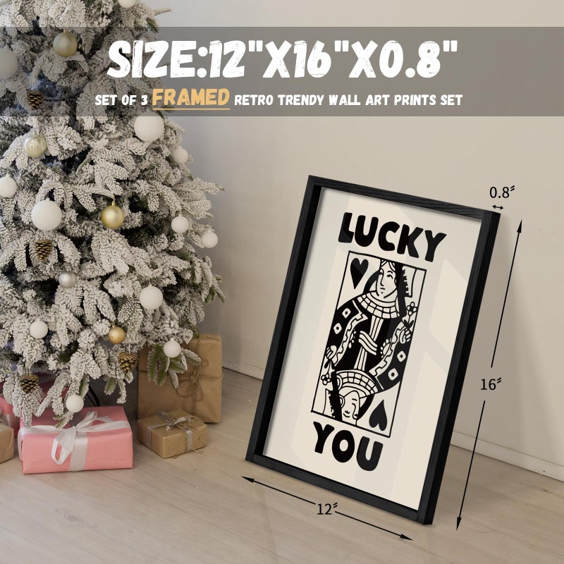 Heiple Framed Set of 3 Poker Wall Art Lucky You Poster, Trendy Retro Print Wall Decor for Queen of Hearts Wall Art Rustic Vintage Farmhouse Home Wall Decorï¼ˆBlack 12"x16"ï¼‰ - Image 4