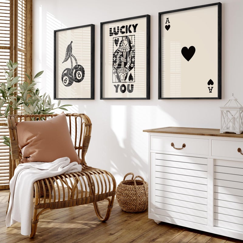 Heiple Framed Set of 3 Poker Wall Art Lucky You Poster, Trendy Retro Print Wall Decor for Queen of Hearts Wall Art Rustic Vintage Farmhouse Home Wall Decorï¼ˆBlack 12"x16"ï¼‰ - Image 2