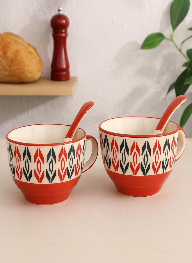 KITTENS Handpainted Ceramic Soup Bowl Set of 2 - 300ml - Red & Black Design - with Spoons - Microwave & Dishwasher Safe - BPA-Free - Ideal for Soup, Curry, Dessert & Gifting - Image 1