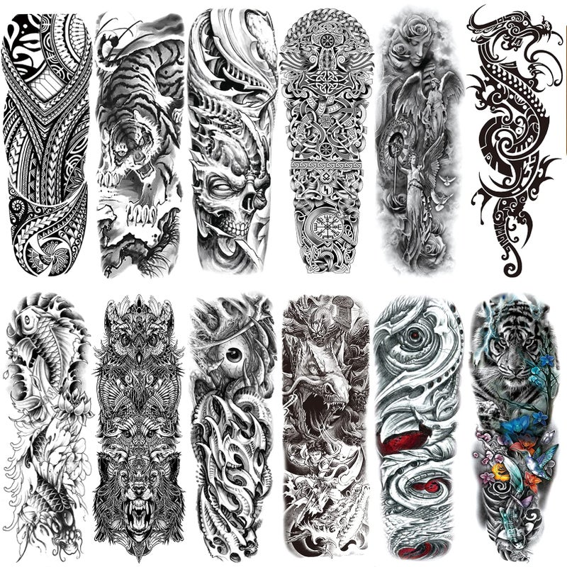 CUTELIILI Halloween Full arm temporary tattoo12sheets L19xW7 Sleeve Tattoos temporary Demon Fake Tattoos That Look Real Tiger Dragon Koi Evil Eyes