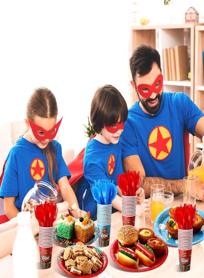 بوتشن مجموعة بوتشن ٢١٠ قطعة من لوازم حفلات الأبطال الخارقين لـ ٣٠ ضيفًا: أطباق ورقية، مناديل، أكواب، وأدوات مائدة، باللونين الأحمر والأزرق، بتصميم مستوحى من الأبطال الخارقين، أدوات مائدة للاستخدام مرة واحدة، زينة لحفلات أعياد ميلاد الأولاد وحفلات استقبال المولود الجديد. - Image 5