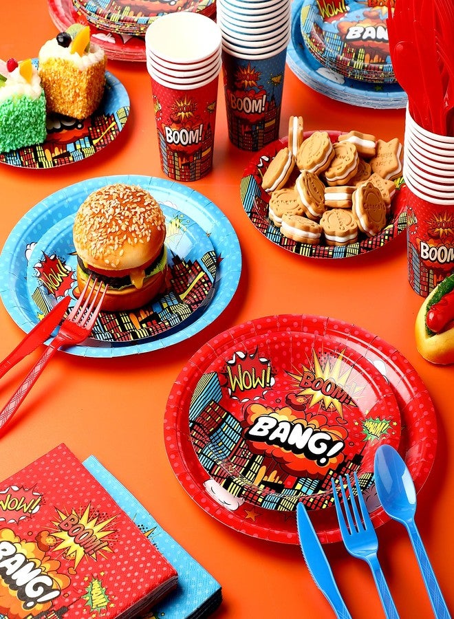 بوتشن مجموعة بوتشن ٢١٠ قطعة من لوازم حفلات الأبطال الخارقين لـ ٣٠ ضيفًا: أطباق ورقية، مناديل، أكواب، وأدوات مائدة، باللونين الأحمر والأزرق، بتصميم مستوحى من الأبطال الخارقين، أدوات مائدة للاستخدام مرة واحدة، زينة لحفلات أعياد ميلاد الأولاد وحفلات استقبال المولود الجديد. - Image 2