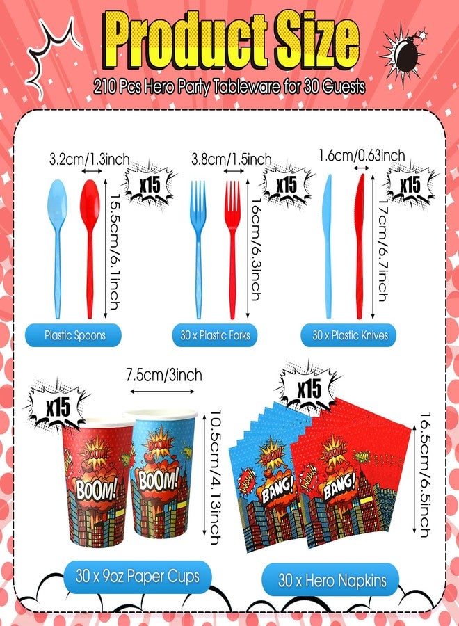 بوتشن مجموعة بوتشن ٢١٠ قطعة من لوازم حفلات الأبطال الخارقين لـ ٣٠ ضيفًا: أطباق ورقية، مناديل، أكواب، وأدوات مائدة، باللونين الأحمر والأزرق، بتصميم مستوحى من الأبطال الخارقين، أدوات مائدة للاستخدام مرة واحدة، زينة لحفلات أعياد ميلاد الأولاد وحفلات استقبال المولود الجديد. - Image 4