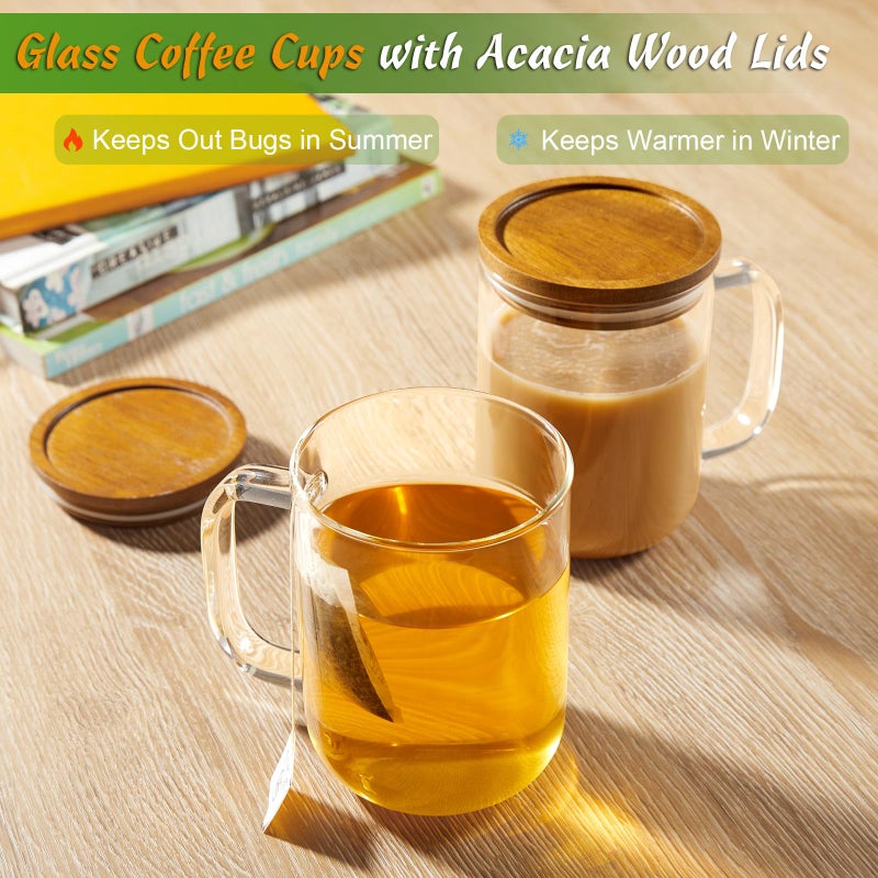 DRASTAR Glass Coffee Mugs, 20 oz Clear Coffee Cups, Coffee Mug with Acacia Wood Lid, Tea Glass Cups with Handles, Large Coffee Mug Set of 2, Glass Coffee Cups for Latte, Espresso, Tea - Image 4