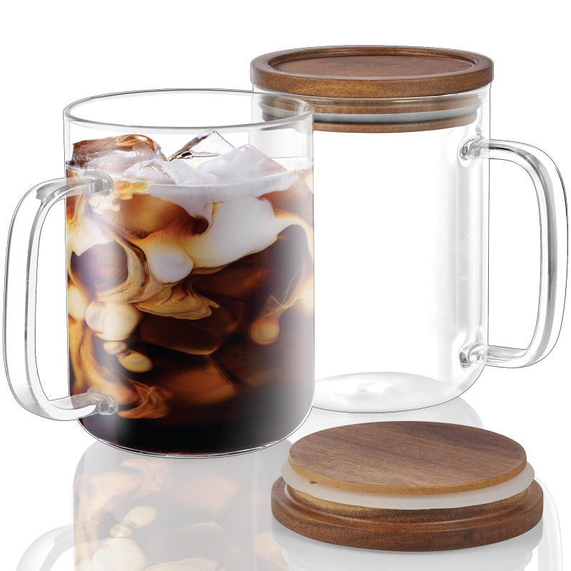 DRASTAR Glass Coffee Mugs, 20 oz Clear Coffee Cups, Coffee Mug with Acacia Wood Lid, Tea Glass Cups with Handles, Large Coffee Mug Set of 2, Glass Coffee Cups for Latte, Espresso, Tea - Image 1