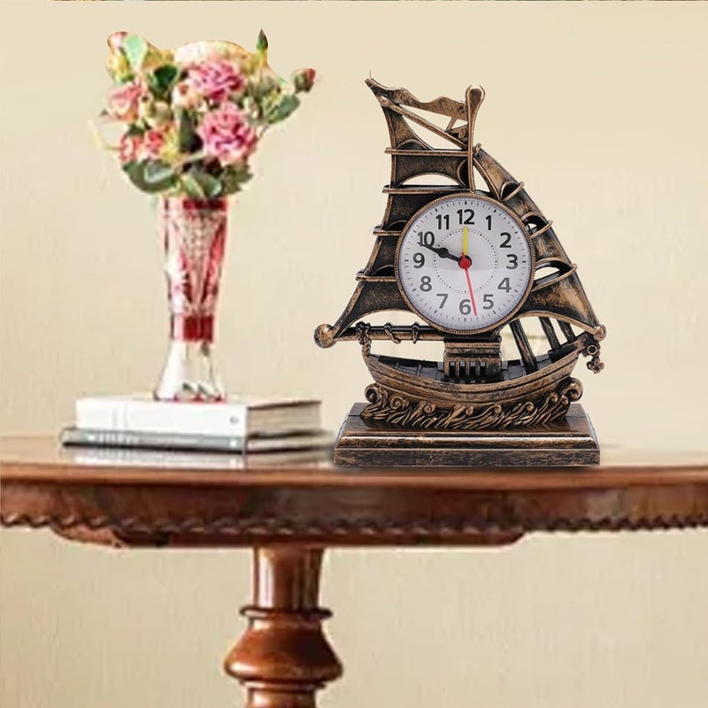 يقلل الجهد ساعة منحوتة على شكل مركب شراعي من يوسو، تمثال زخرفي عتيق لمركب مع ساعة زمنية للمنزل، سهلة الصيانة، ساعة مكتبية بحرية بتفاصيل دقيقة مريح في القبضة مقاوم للمنظفات الكيميائية جودة مطورة - Image 4
