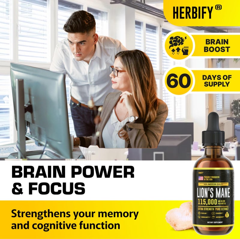 HERBIFY Lions Mane Supplement - Daily Mushroom Supplement for Memory, Focus & Clarity - Brain Booster - Lions Mane Tincture for Immune Support - 4 Fl oz - Image 2