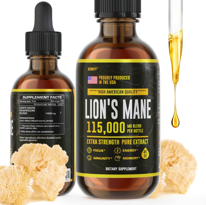 HERBIFY Lions Mane Supplement - Daily Mushroom Supplement for Memory, Focus & Clarity - Brain Booster - Lions Mane Tincture for Immune Support - 4 Fl oz - Image 1