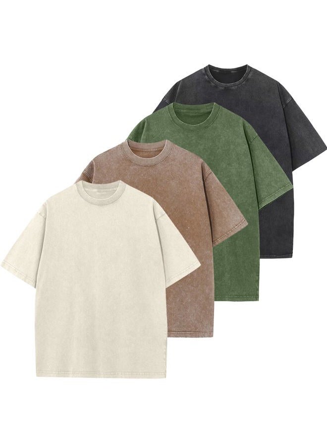 SnowElve Men's Oversized Cotton T-Shirts Loose Fit Vintage Washed Tee Unisex Short Sleeve Casual Shirts Tops, Black+army Green+sand+beige, M - Image 1