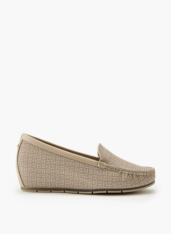 All-Over Monogram Print Slip-On Wedge Loafers
