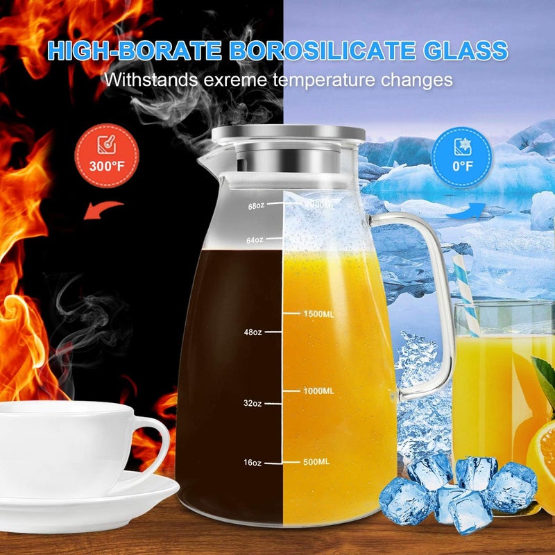 Aofmee Glass Pitcher, 68oz Water Pitcher with Lid and Precise Scale Line, 18/8 Stainless Steel Iced Tea Carafe, Easy Clean Heat Resistant Borosilicate Jug for Juice, Milk, Cold or Hot Beverages - Image 3