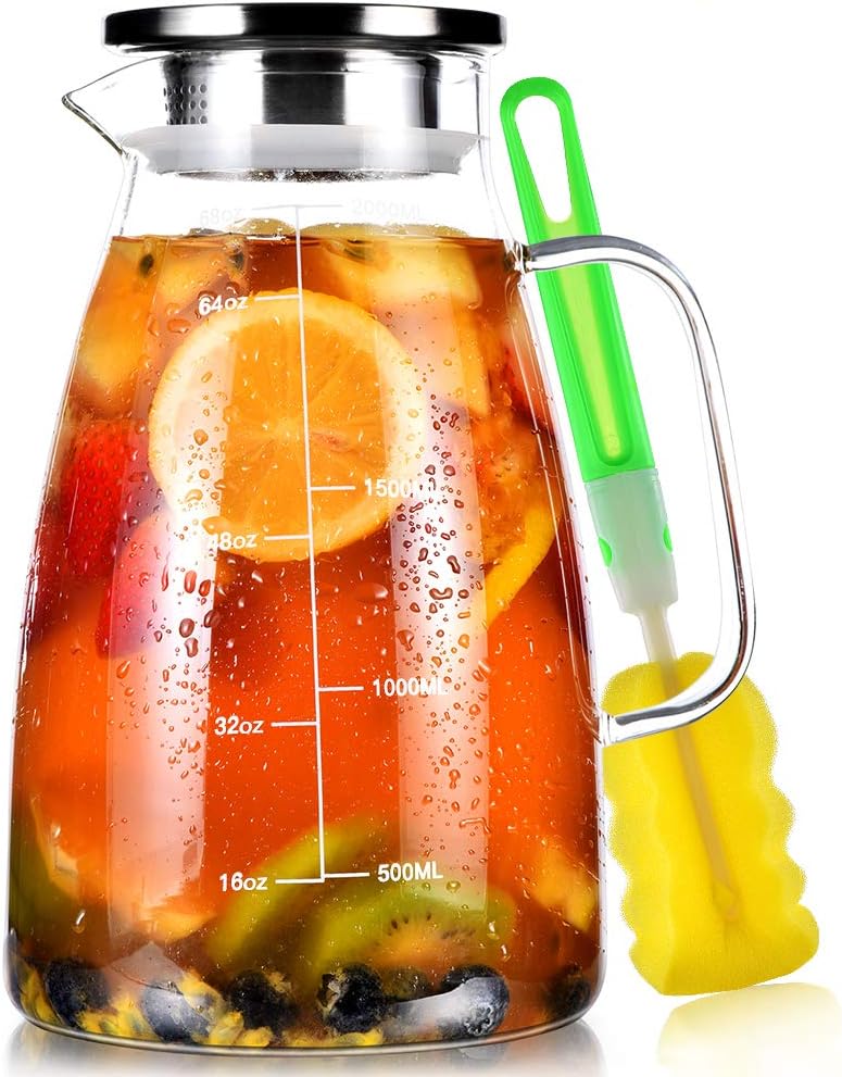 Aofmee Glass Pitcher, 68oz Water Pitcher with Lid and Precise Scale Line, 18/8 Stainless Steel Iced Tea Carafe, Easy Clean Heat Resistant Borosilicate Jug for Juice, Milk, Cold or Hot Beverages - Image 1