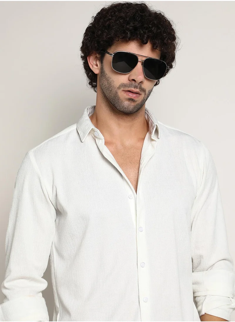Campus Sutra Men's Daisy White Solid Jaquard Shirt