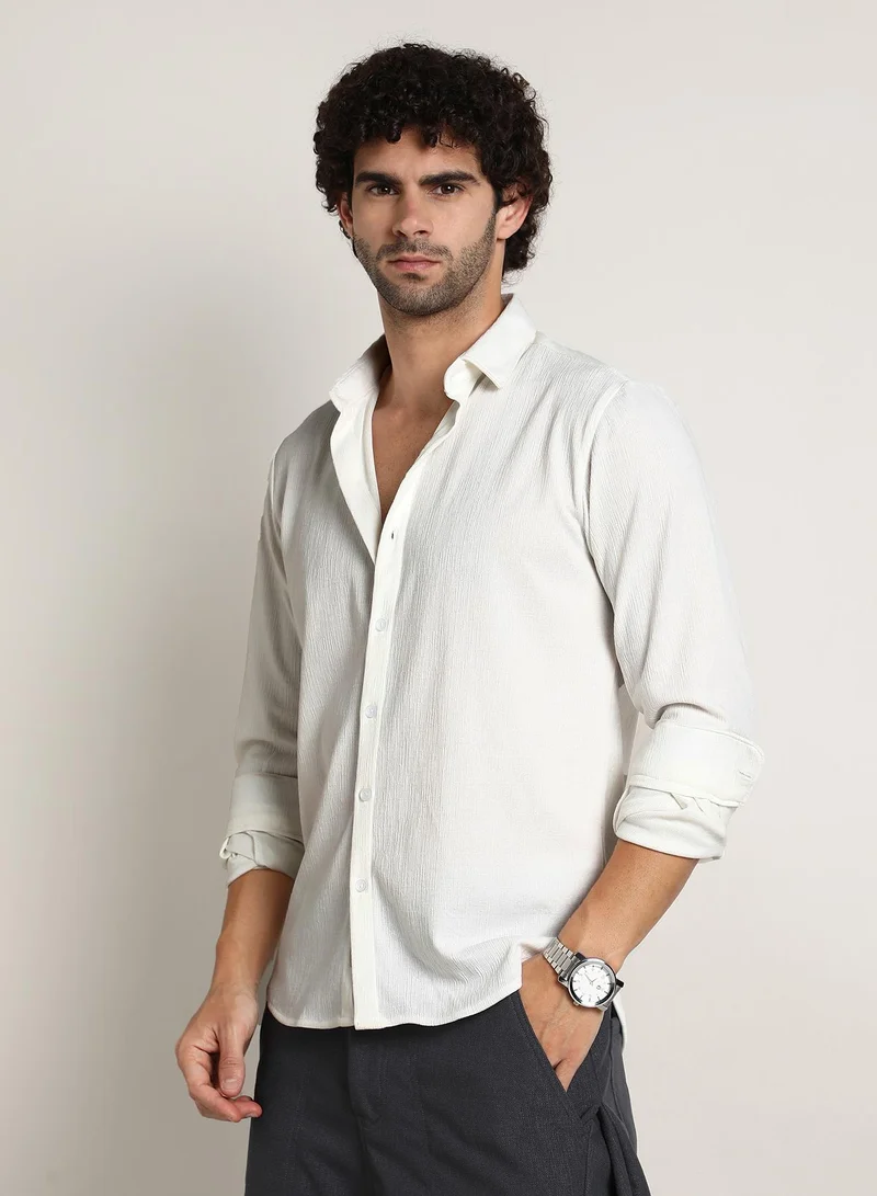 كامبوس سوترا Men's Daisy White Solid Jaquard Shirt