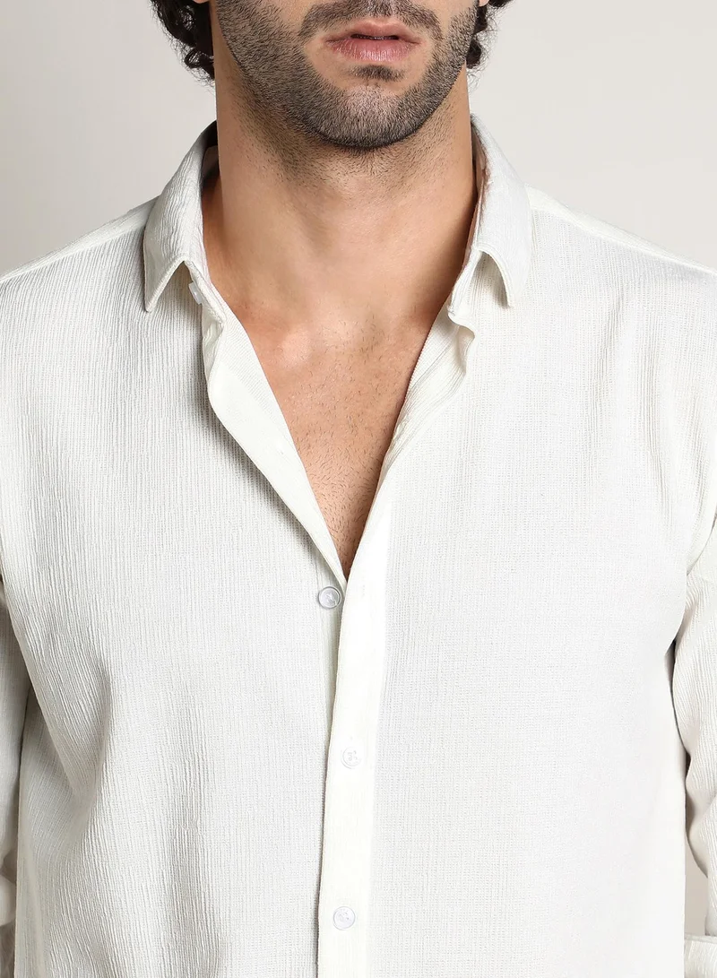 كامبوس سوترا Men's Daisy White Solid Jaquard Shirt