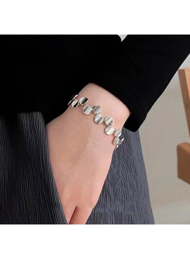 NIBEMINENT Suiheng S925 Sterling Silver Simple Round Sequin Bracelet Women's Fashion Cold Style Elegant French Korean Heavy Industry 