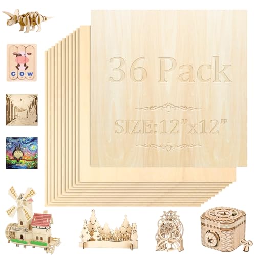 QSJQllo 36 Pack Basswood Sheets,12"x12"x1/8" 3mm Basswood Plywood,Craft Wood,Unfinished Wood,for DIY Ornaments and Model Engraving, Wood Burning, Architectural Models, Drawing、Wood for Laser Cutting - Image 1