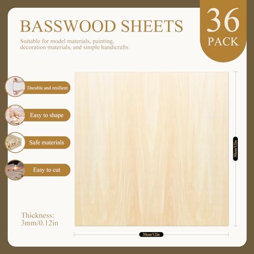 QSJQllo 36 Pack Basswood Sheets,12"x12"x1/8" 3mm Basswood Plywood,Craft Wood,Unfinished Wood,for DIY Ornaments and Model Engraving, Wood Burning, Architectural Models, Drawing、Wood for Laser Cutting - Image 3