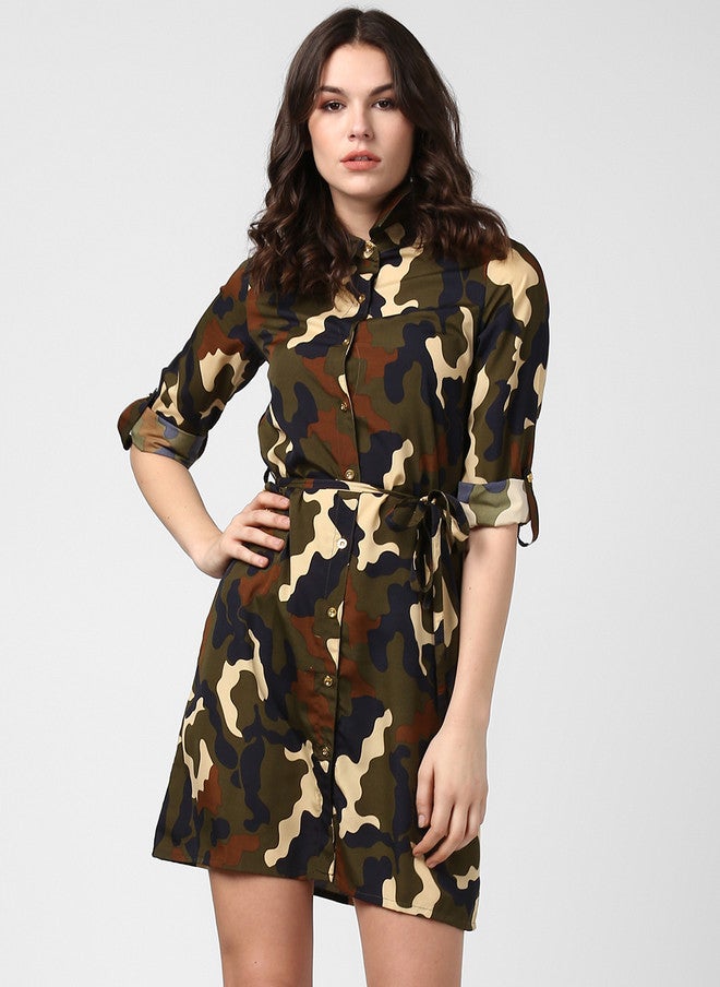 StyleStone Women's Green Camouflage Shirt Dress with Belted Waist - Image 1