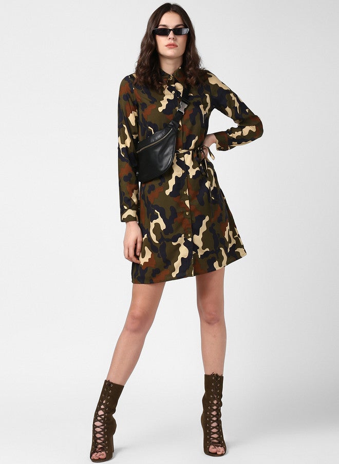 StyleStone Women's Green Camouflage Shirt Dress with Belted Waist - Image 5