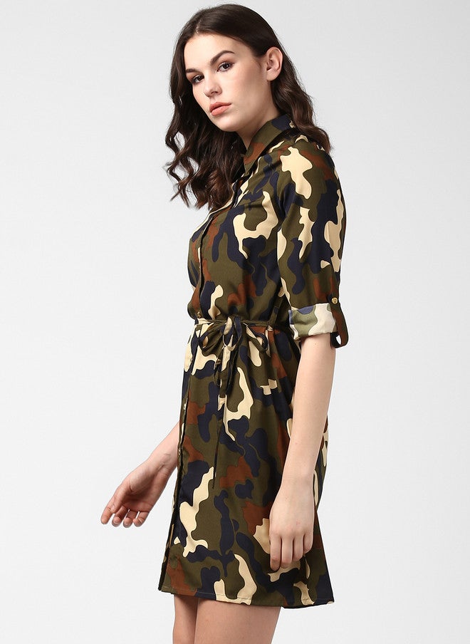 StyleStone Women's Green Camouflage Shirt Dress with Belted Waist - Image 3