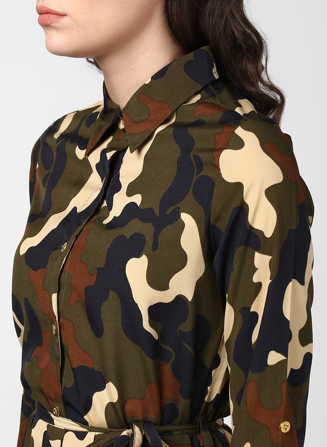 StyleStone Women's Green Camouflage Shirt Dress with Belted Waist - Image 2